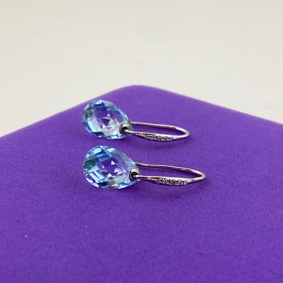 💛 14k White Gold Diamond & Blue Topaz Teardrop Dangle Earrings | Frost & Facets - Picture 6 of 10